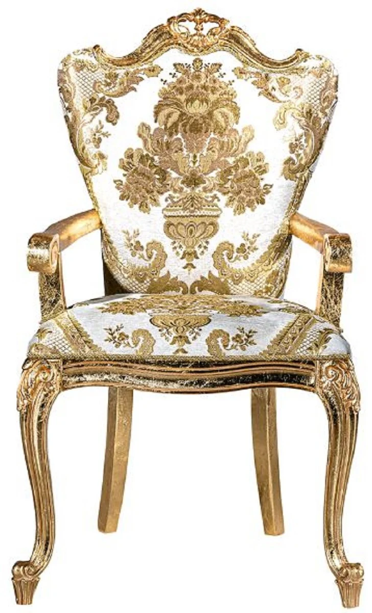 Casa Padrino Luxus Barock Esszimmer Set Weiß / Gold - 1 Esstisch & 6 Esszimmerstühle - Handgefertigte Esszimmer Möbel im Barockstil - Edel & Prunkvoll