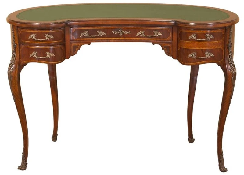 Casa Padrino Luxus Barock Schreibtisch Dunkelbraun / Hellbraun / Grün - Handgefertigter Mahagoni Schreibtisch mit 5 Schubladen - Edle Barock Büro Möbel