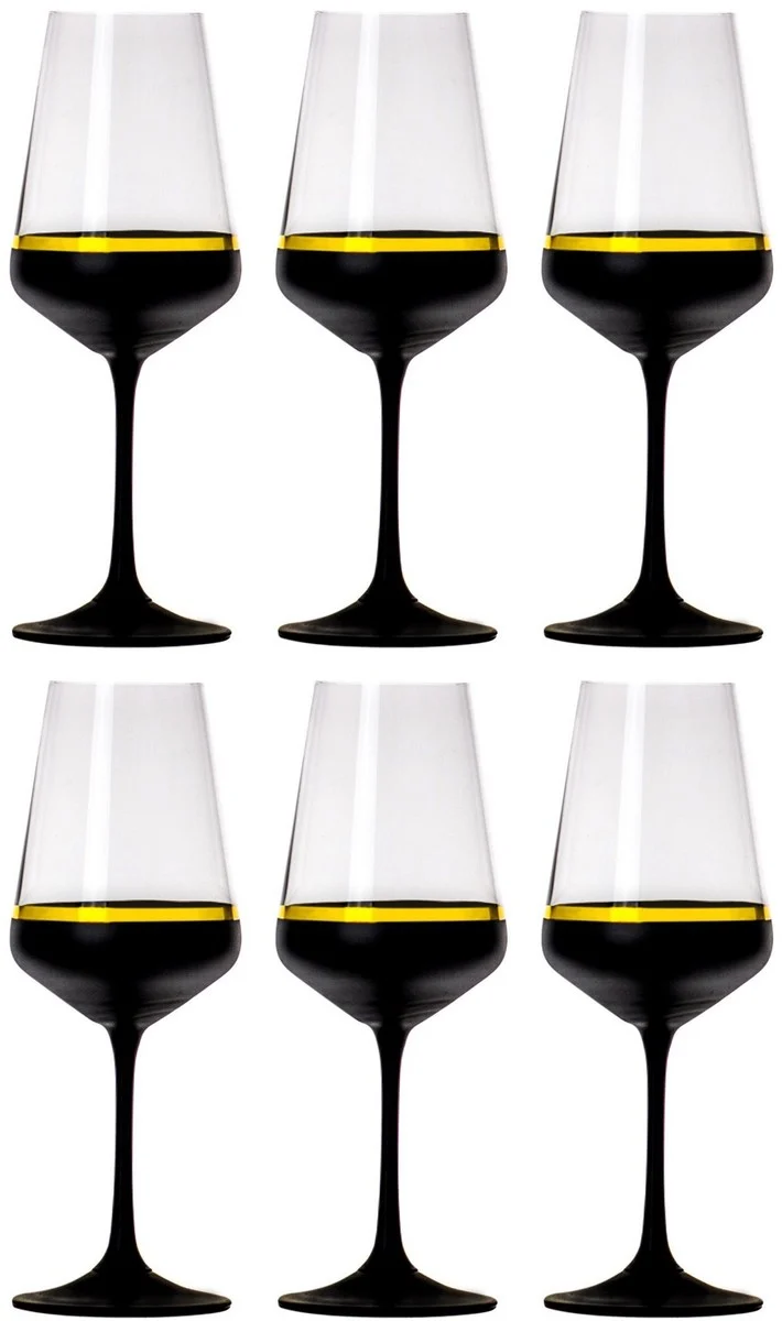 Casa Padrino Luxus Rotweinglas 6er Set Schwarz / Gold Ø 8,5 x H. 24 cm - Handgefertigte und handbemalte Weingläser - Hotel & Restaurant Accessoires - Luxus Qualität