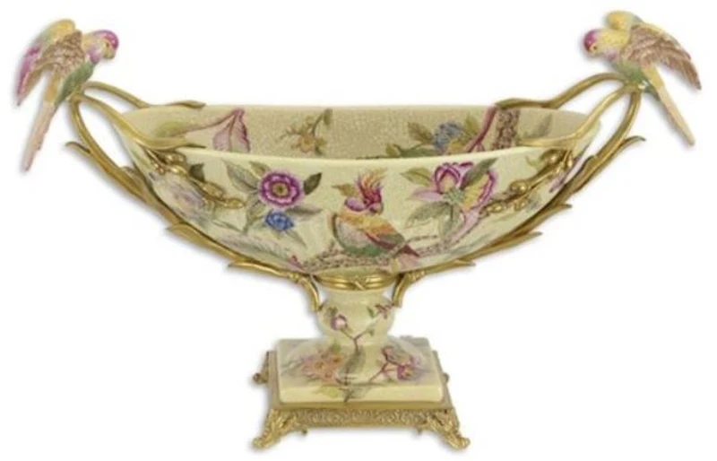 Casa Padrino Jugendstil Porzellan Schüssel mit Blumen Design und Papageien Griffen Mehrfarbig / Messingfarben 53,4 x 21,3 x H. 32,3 cm - Deko Accessoires