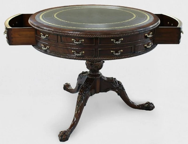 Casa Padrino Luxus Barock Beistelltisch Braun / Grün / Gold Ø 91 x H. 76 cm - Runder Mahagoni Tisch mit 14 Schubladen und Echtleder - Barock Mahagoni Möbel