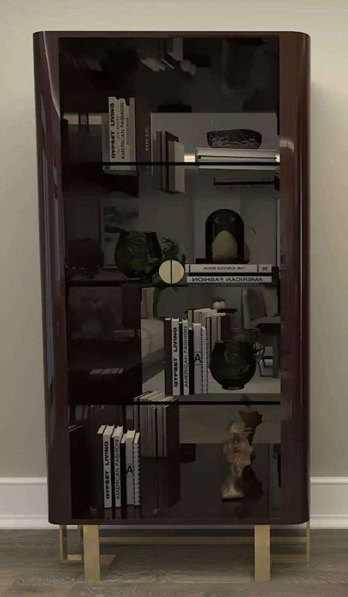 Casa Padrino Luxus Art Deco Vitrine Dunkelbraun / Gold - Handgefertigter Massivholz Vitrinenschrank mit 2 Glastüren - Art Deco Wohnzimmer Möbel