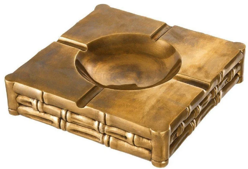 Casa Padrino Luxus Aschenbecher Vintage Messingfarben 22,5 x 22,5 x H. 5,5 cm - Quadratischer Messing Aschenbecher in Bambusoptik - Luxus Deko Accessoires