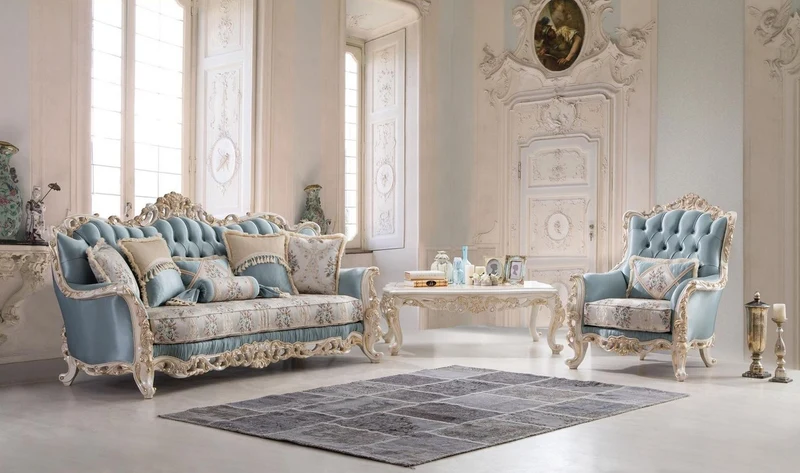 Casa Padrino Luxus Barock Wohnzimmer Sessel mit dekorativem Kissen Hellblau / Creme / Weiß / Gold 97 x 90 x H. 120 cm - Edle Barock Wohnzimmer Möbel