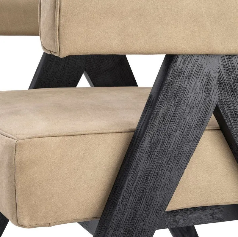Casa Padrino Luxus Echtleder Esszimmerstuhl mit Armlehnen Beige / Schwarz 64 x 70 x H. 87,5 cm - Küchenstuhl mit edlem Nubuk Büffelleder - Luxus Esszimmer Möbel
