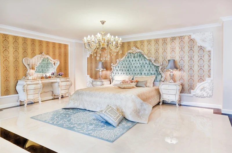 Casa Padrino Luxus Barock Schlafzimmer Set Grün / Creme / Gold - 1 Doppelbett mit Kopfteil & 2 Nachttische - Barock Schlafzimmer Möbel - Edel & Prunkvoll