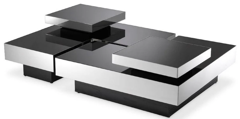 Casa Padrino Luxus Couchtisch Set Silber / Schwarz - 2 L-förmige Wohnzimmertische mit 2 quadratischen Tabletts - Wohnzimmer Möbel - Luxus Kollektion