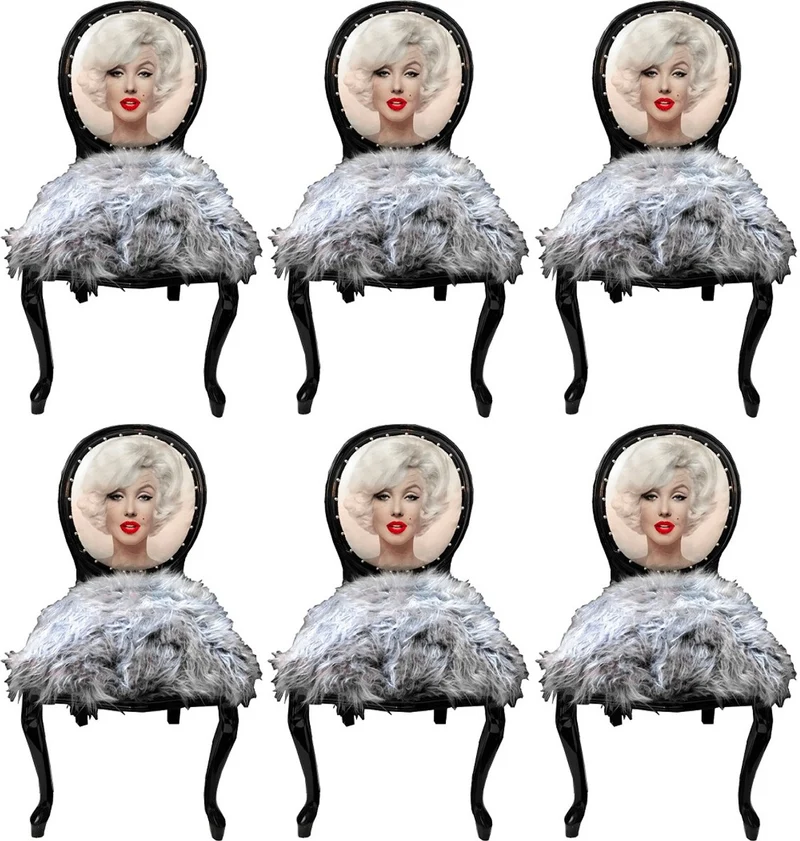Casa Padrino Luxus Barock Esszimmerstuhl Set Marilyn Monroe Grau / Schwarz 50 x 60 x H. 104 cm - Handgefertigte Pop Art Designer Stühle mit Kunstfell - Barock Esszimmer Möbel