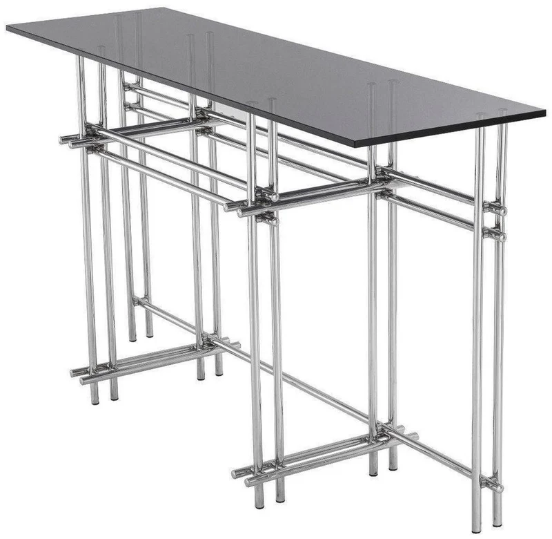 Casa Padrino Designer Konsole Silber / Grau 131 x 36,5 x H. 73 cm - Edelstahl Konsolentisch mit Glasplatte - Designer Möbel - Luxus Qualität