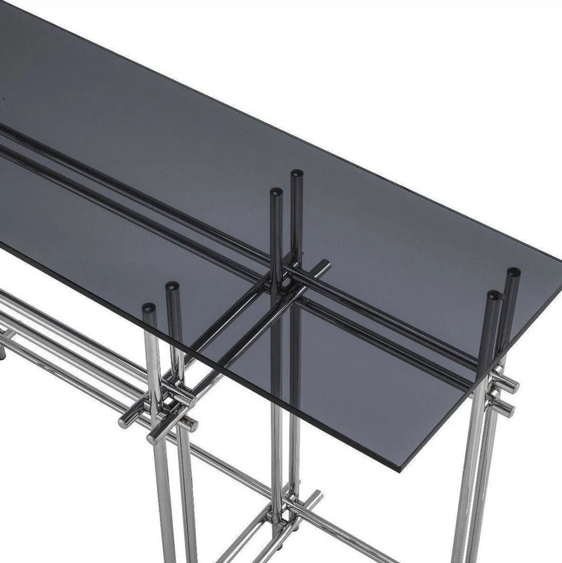 Casa Padrino Designer Konsole Silber / Grau 131 x 36,5 x H. 73 cm - Edelstahl Konsolentisch mit Glasplatte - Designer Möbel - Luxus Qualität