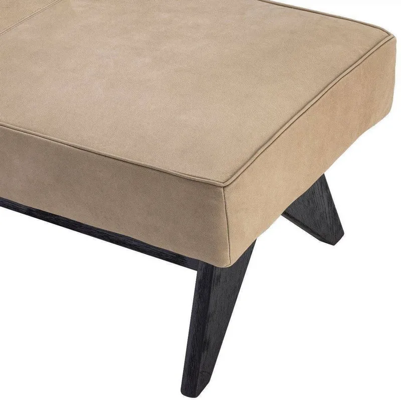 Casa Padrino Luxus Echtleder Bank Beige / Schwarz 164 x 54 x H. 44 cm - Gepolsterte Massivholz Sitzbank mit edlem Nubuk Büffelleder - Luxus Möbel