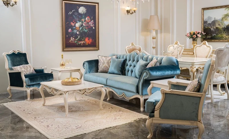 Casa Padrino Luxus Barock Sessel Blau / Weiß 76 x 67 x H. 103 cm - Wohnzimmer Sessel mit dekorativem Kissen - Wohnzimmer Möbel im Barockstil