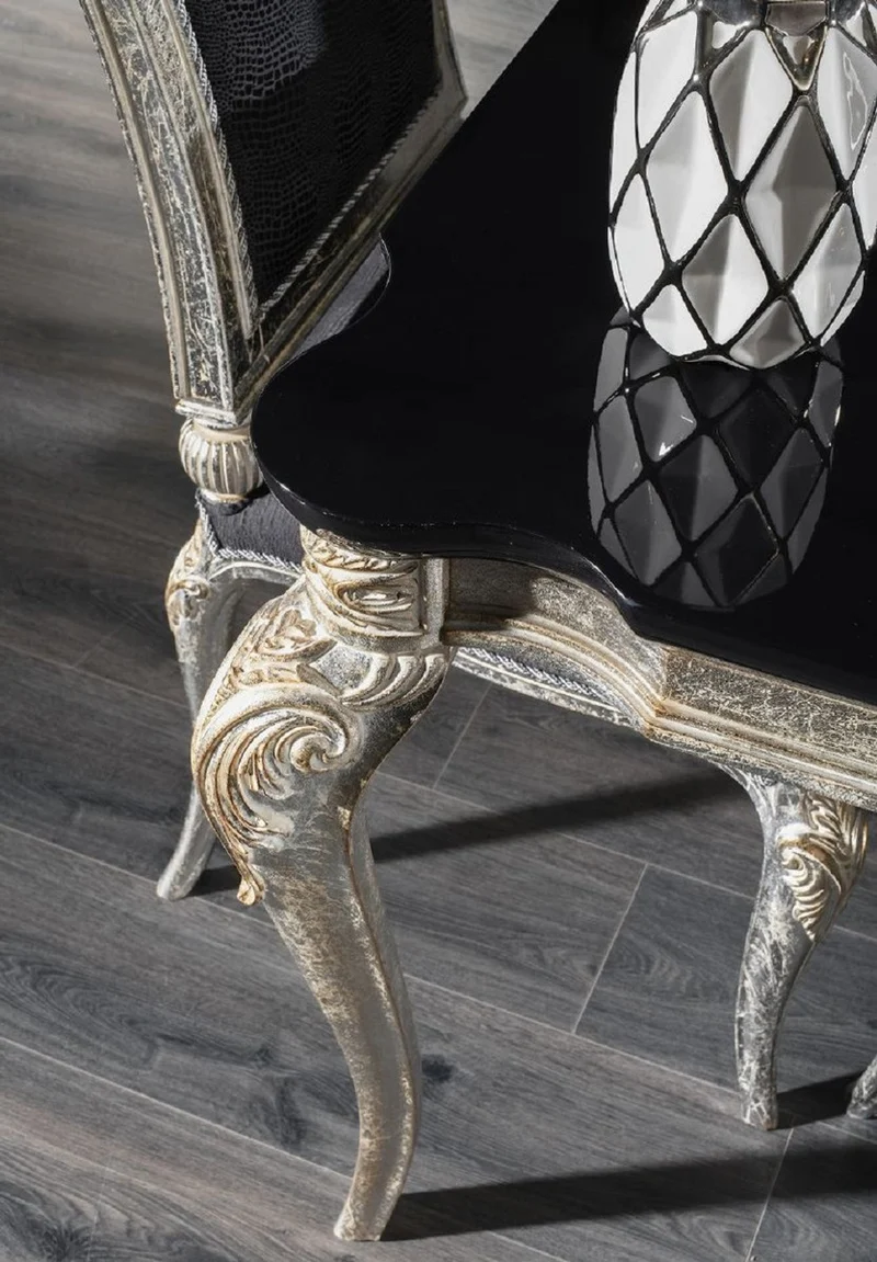 Casa Padrino Luxus Barock Esstisch Schwarz / Antik Silber 222 x 107 x H. 79 cm - Edler Massivholz Küchentisch - Esszimmer Möbel im Barockstil