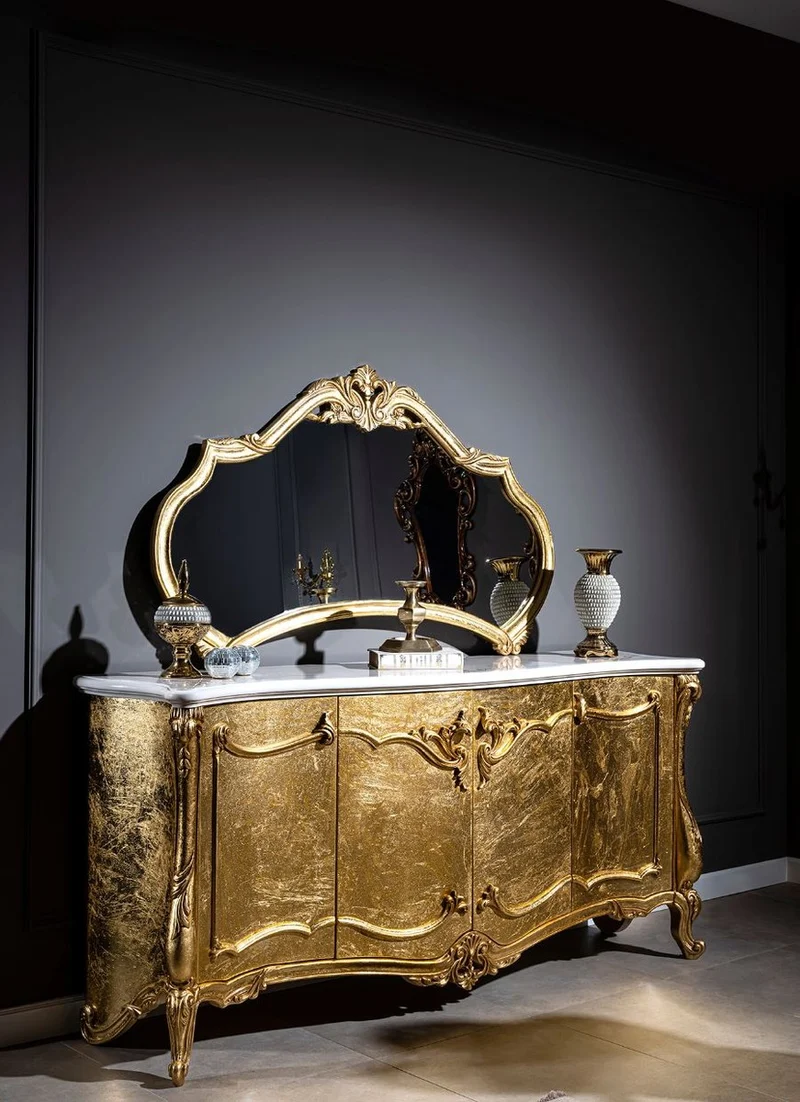 Casa Padrino Luxus Barock Möbel Set Sideboard mit Spiegel Weiß / Gold - Prunkvoller Massivholz Schrank mit elegantem Wandspiegel - Möbel im Barockstil