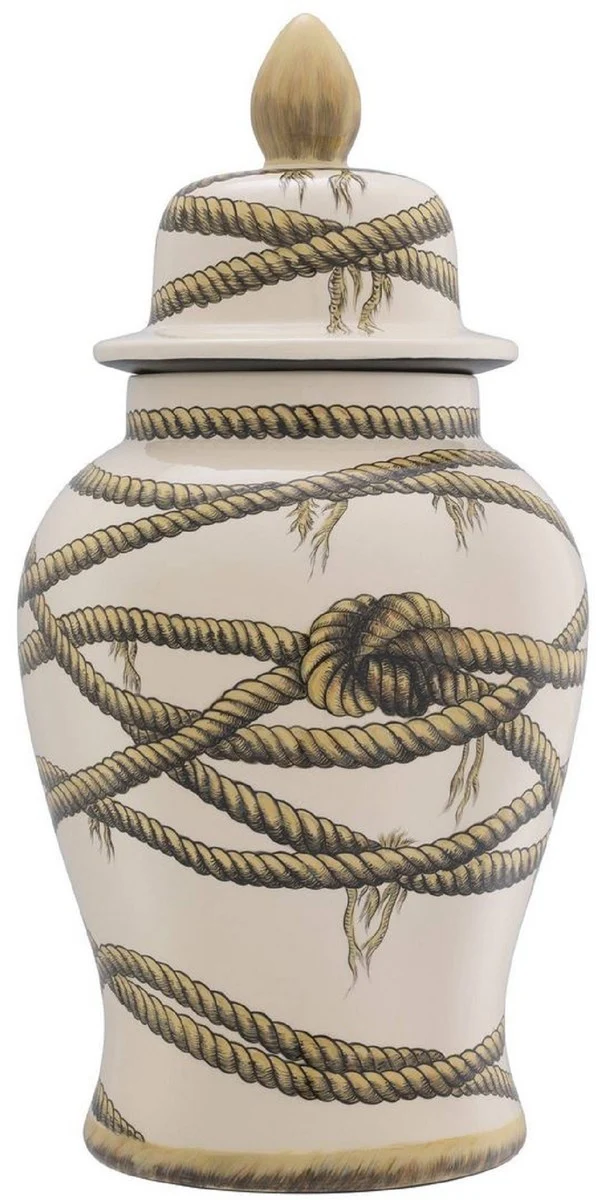 Casa Padrino Luxus Porzellan Vase Beige Ø 31 x H. 67 cm - Runde Blumenvase mit Deckel - Deko Accessoires