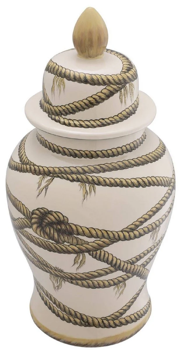 Casa Padrino Luxus Porzellan Vase Beige Ø 31 x H. 67 cm - Runde Blumenvase mit Deckel - Deko Accessoires