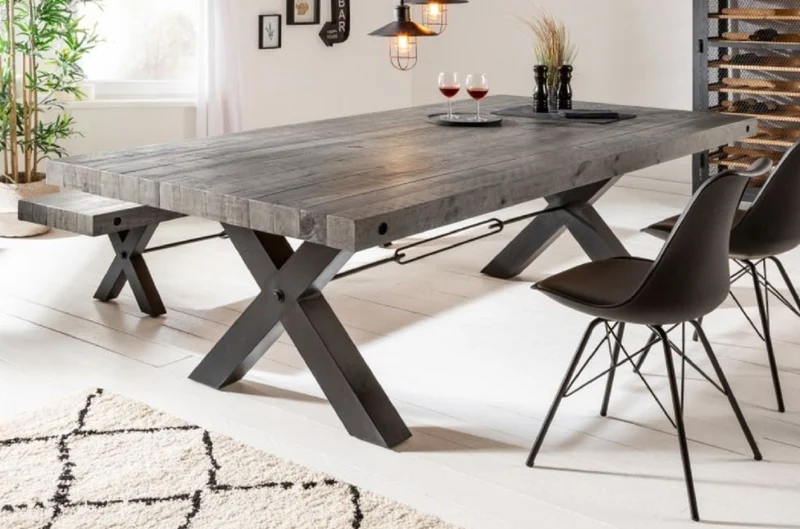 Casa Padrino Industrial Design Esstisch Grau / Schwarz 200 x 100 x H. 76 cm - Massivholz Küchentisch im Industrie Design - Esszimmer Möbel