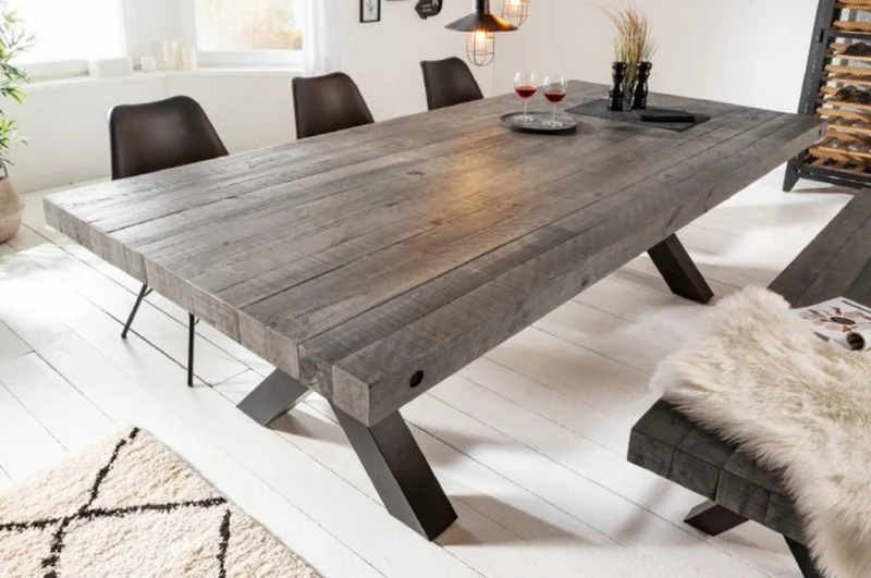 Casa Padrino Industrial Design Esstisch Grau / Schwarz 200 x 100 x H. 76 cm - Massivholz Küchentisch im Industrie Design - Esszimmer Möbel