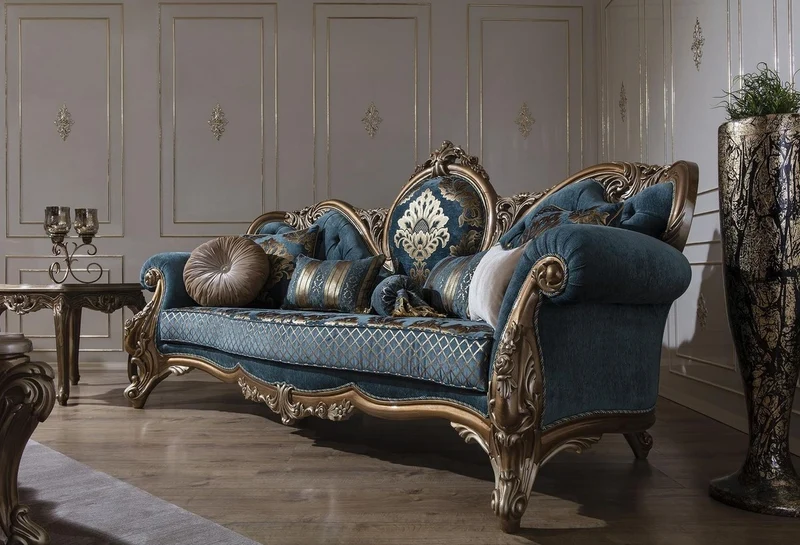 Casa Padrino Luxus Barock Sofa Blau / Gold 260 x 90 x H. 125 cm - Prunkvolles Wohnzimmer Sofa mit elegantem Muster und dekorativen Kissen - Barock Möbel
