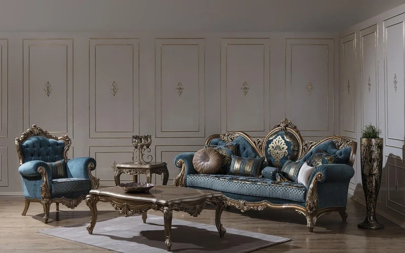 Casa Padrino Luxus Barock Sofa Blau / Gold 260 x 90 x H. 125 cm - Prunkvolles Wohnzimmer Sofa mit elegantem Muster und dekorativen Kissen - Barock Möbel