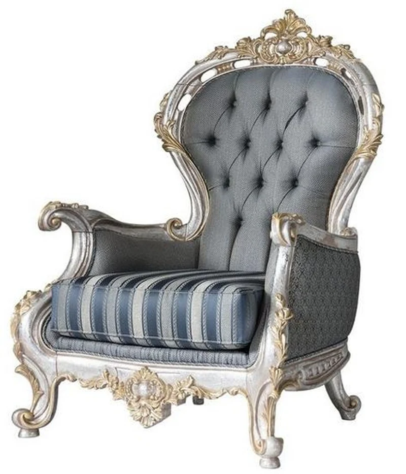 Casa Padrino Luxus Barock Wohnzimmer Set Grau / Blau / Silber / Gold - 2 Sofas & 2 Sessel & 1 Couchtisch - Prunkvolle Wohnzimmer Möbel im Barockstil