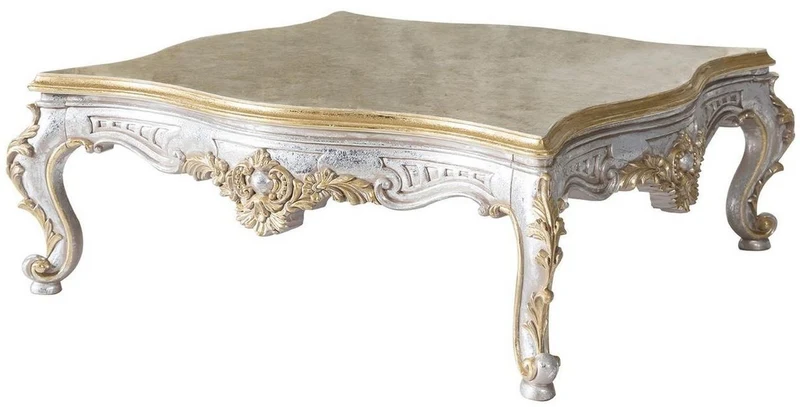 Casa Padrino Luxus Barock Wohnzimmer Set Grau / Blau / Silber / Gold - 2 Sofas & 2 Sessel & 1 Couchtisch - Prunkvolle Wohnzimmer Möbel im Barockstil