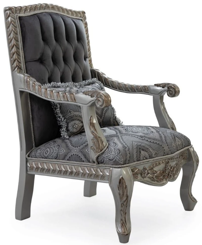 Casa Padrino Luxus Barock Sessel Grau / Blau / Silber / Bronze 80 x 80 x H. 120 cm - Prunkvoller Massivholz Wohnzimmer Sessel mit elegantem Muster und dekorativem Kissen - Barock Wohnzimmer Möbel