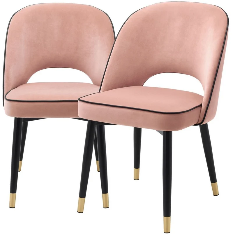 Casa Padrino Luxus Esszimmerstuhl Set Rosa / Schwarz / Messing 53 x 56 x H. 84 cm - Esszimmerstühle mit edlem Samtstoff - Esszimmer Möbel