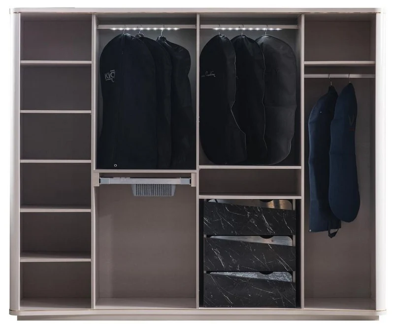 Casa Padrino Luxus Art Deco Schlafzimmerschrank Weiß / Schwarz 265 x 67 x H. 220 cm - Edler Massivholz Kleiderschrank mit 6 verspiegelten Türen - Schlafzimmer Möbel - Luxus Qualität
