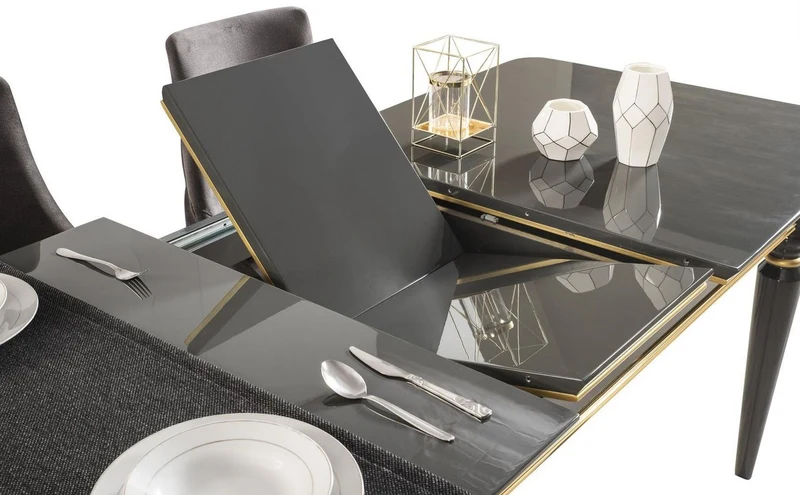Casa Padrino Luxus Art Deco Esszimmer Set Grau / Gold - 1 ausziehbarer Esszimmertisch & 6 Esszimmerstühle - Art Deco Esszimmer Möbel - Luxus Qualität