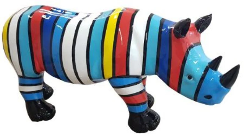 Casa Padrino Designer Dekofigur Nashorn Bunt Gestreift 75 x H. 35 cm - Wohnzimmer Deko Skulptur - Gartendeko Skulptur - Wetterbeständige Tierfigur