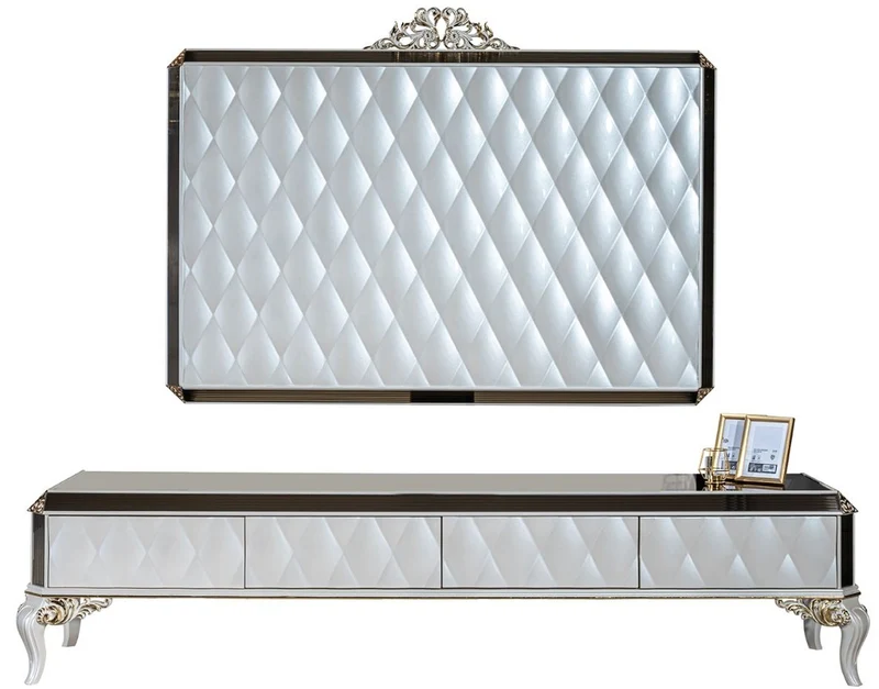 Casa Padrino Luxus Barock TV Schrank Weiß / Gold / Schwarz 235 x 52 x H. 54 cm - Edles Massivholz Lowboard mit TV Wand - Wohnzimmerschrank - Wohnzimmer Möbel im Barockstil