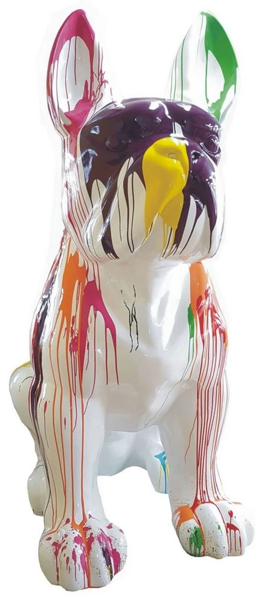 Casa Padrino Designer Deko Hund Französische Bulldogge Weiß / Bunt 220 x 130 x H. 250 cm - Riesige Dekofigur - Gartendeko Skulptur - Wetterbeständige Gartenfigur