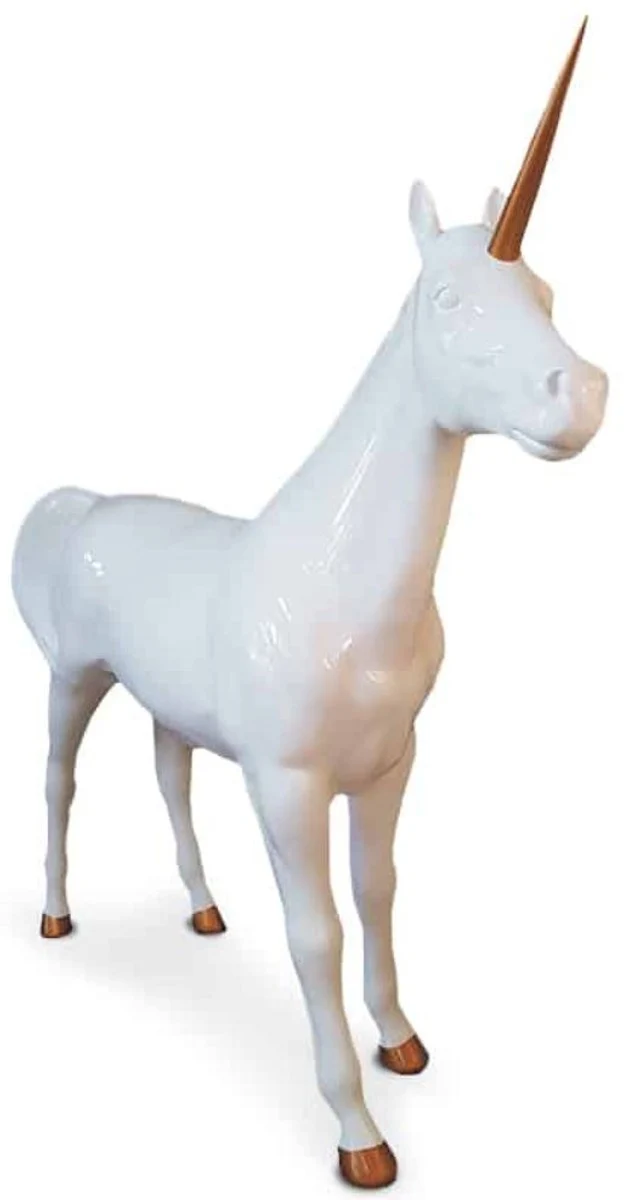 Casa Padrino Luxus Dekofigur Einhorn Pferd Weiß / Kupferfarben 245 x 56 x H. 220 cm - Lebensgroße Dekofigur - Riesige Tierfigur - Gartendeko Skulptur