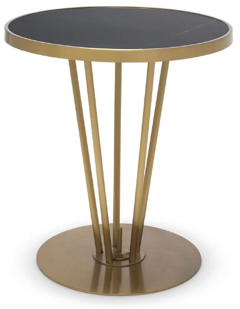 Casa Padrino Luxus Beistelltisch Messingfarben / Schwarz Ø 49,5 x H. 54 cm - Runder Edelstahl Tisch mit geschliffener Marmorplatte - Wohnzimmer Möbel - Luxus Möbel