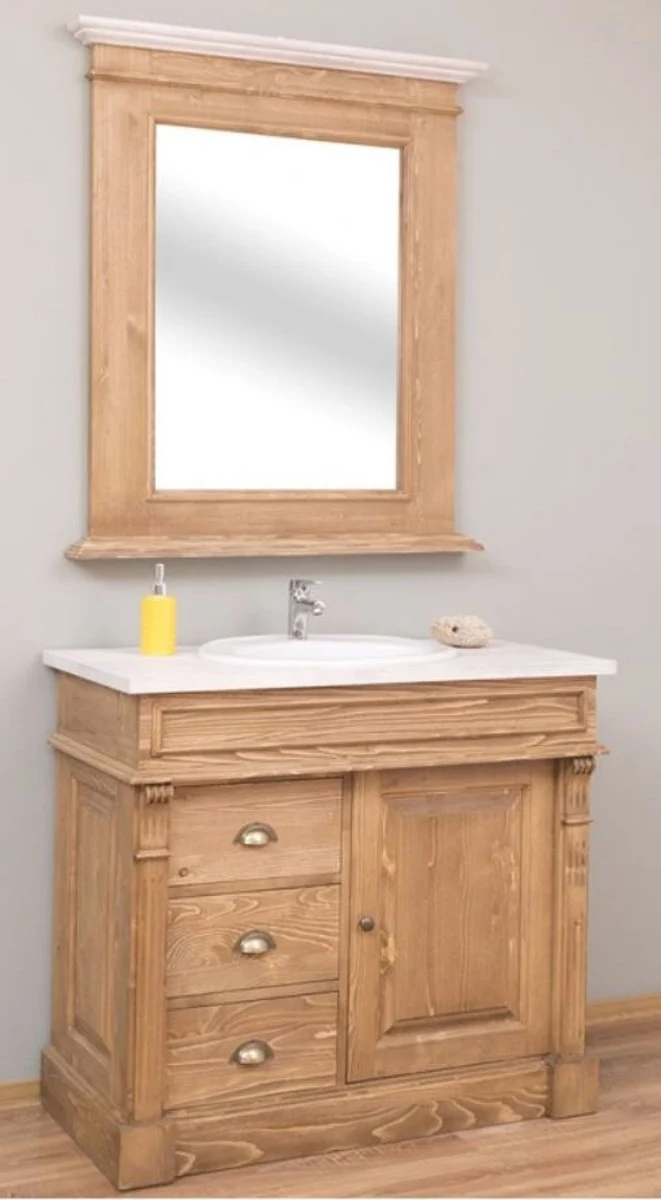Casa Padrino Landhausstil Badezimmer Set Naturfarben / Weiß - 1 Waschtisch & 1 Wandspiegel - Massivholz Badezimmer Möbel im Landhausstil