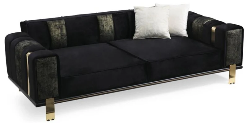 Casa Padrino Luxus Wohnzimmer Sofa mit verstellbarer Rückenlehne Schwarz / Gold 223 x 93 x H. 76 cm - Wohnzimmer Möbel - Luxus Möbel