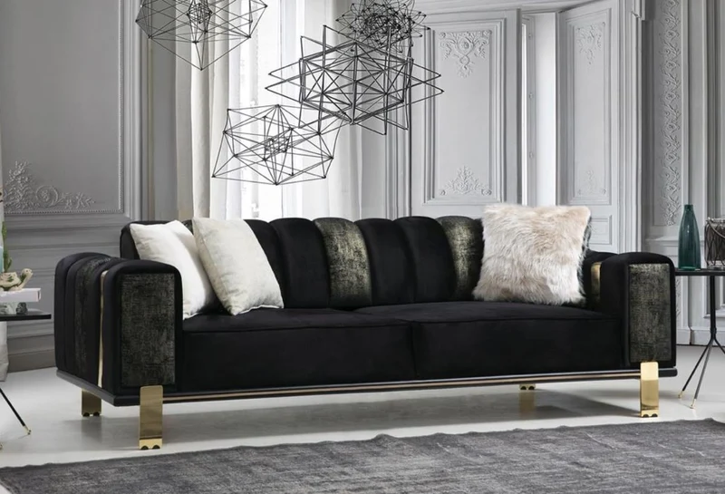 Casa Padrino Luxus Wohnzimmer Sofa mit verstellbarer Rückenlehne Schwarz / Gold 223 x 93 x H. 76 cm - Wohnzimmer Möbel - Luxus Möbel