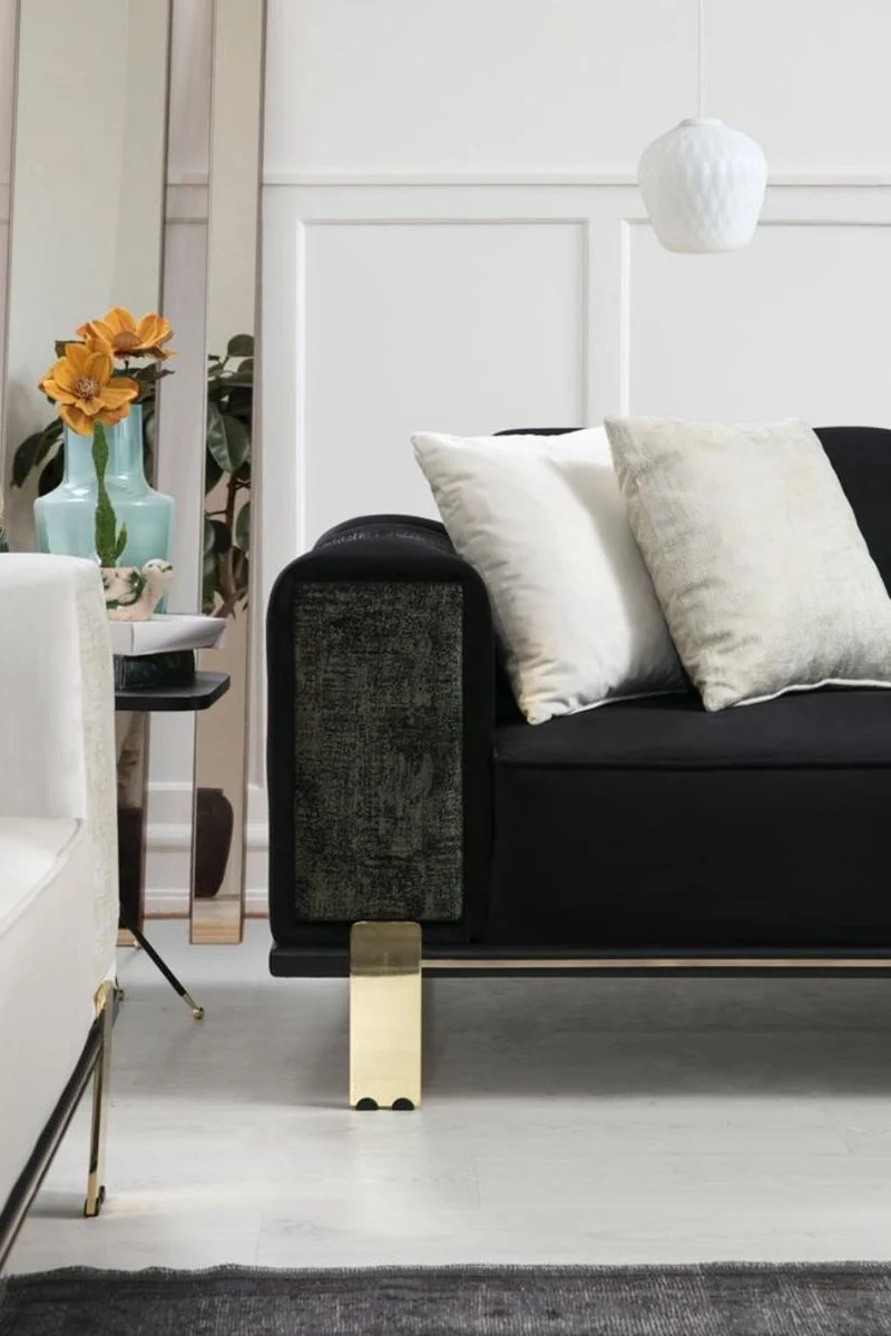 Casa Padrino Luxus Wohnzimmer Sofa mit verstellbarer Rückenlehne Schwarz / Gold 223 x 93 x H. 76 cm - Wohnzimmer Möbel - Luxus Möbel