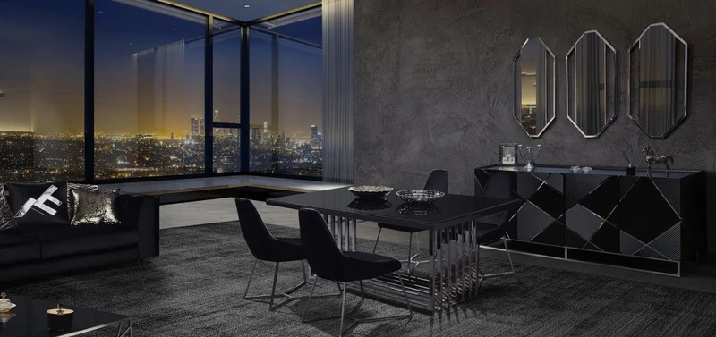 Casa Padrino Luxus Esszimmer Möbel Set Silber / Schwarz - 1 Esstisch & 6 Esszimmerstühle - Esszimmer Möbel - Luxus Qualität