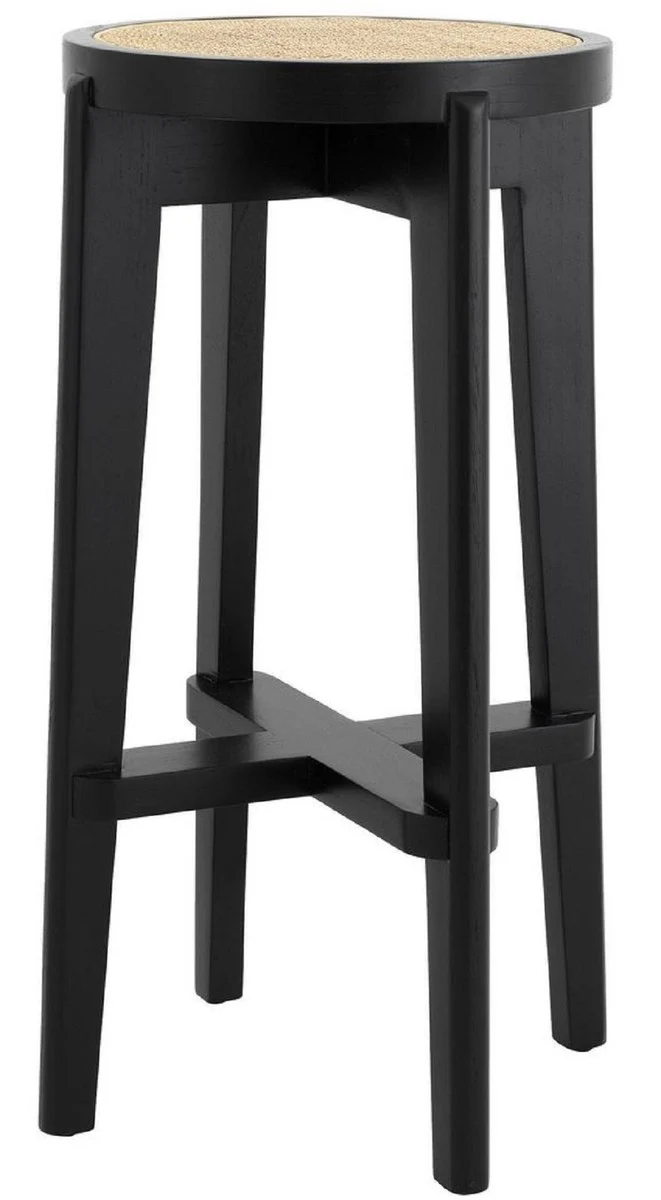 Casa Padrino Luxus Barhocker Schwarz / Naturfarben Ø 44 x H. 76,5 cm - Runder Massivholz Barstuhl - Bar Möbel