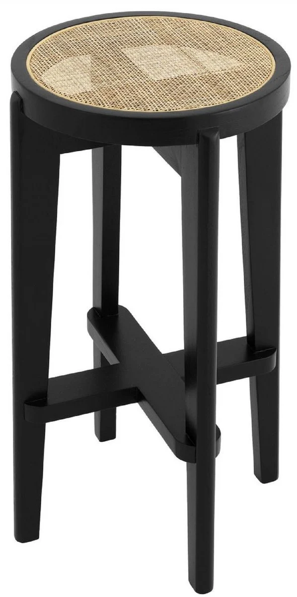 Casa Padrino Luxus Barhocker Schwarz / Naturfarben Ø 44 x H. 76,5 cm - Runder Massivholz Barstuhl - Bar Möbel