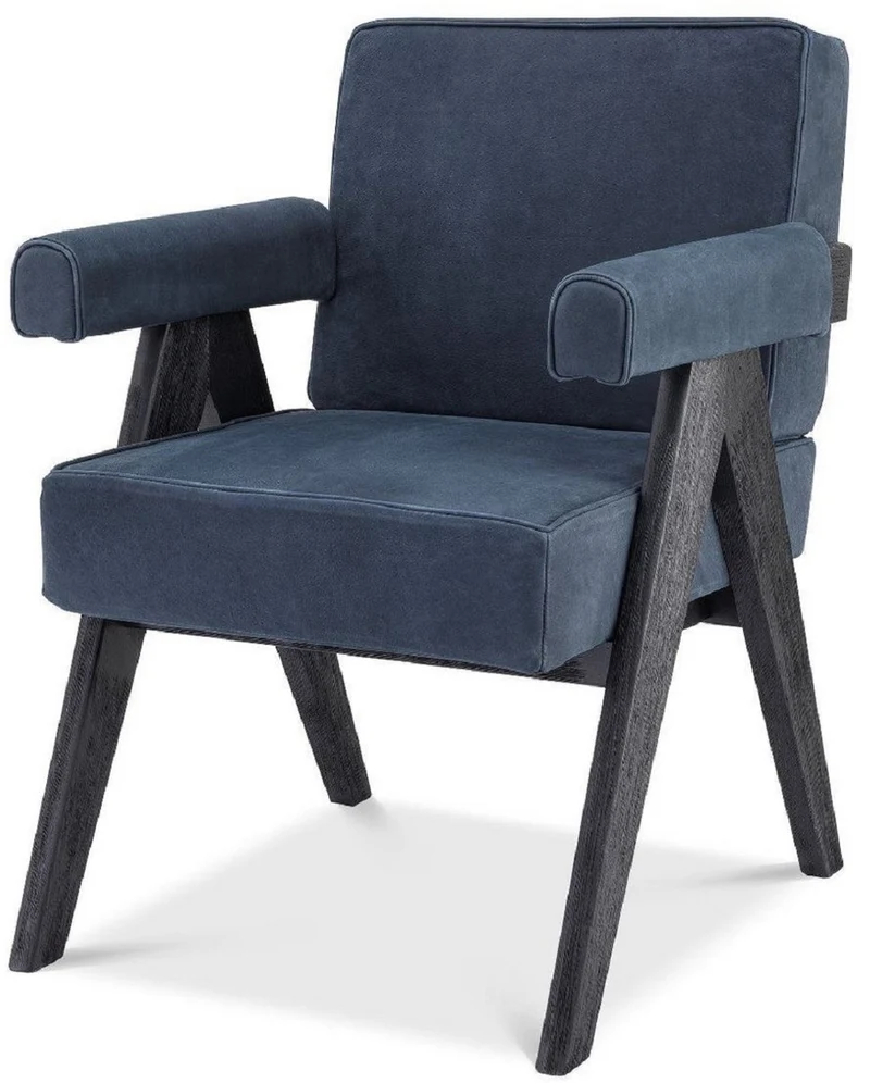 Casa Padrino Luxus Echtleder Esszimmerstuhl mit Armlehnen Blau / Schwarz 64 x 70 x H. 87,5 cm - Küchenstuhl mit edlem Nubuk Büffelleder - Luxus Esszimmer Möbel
