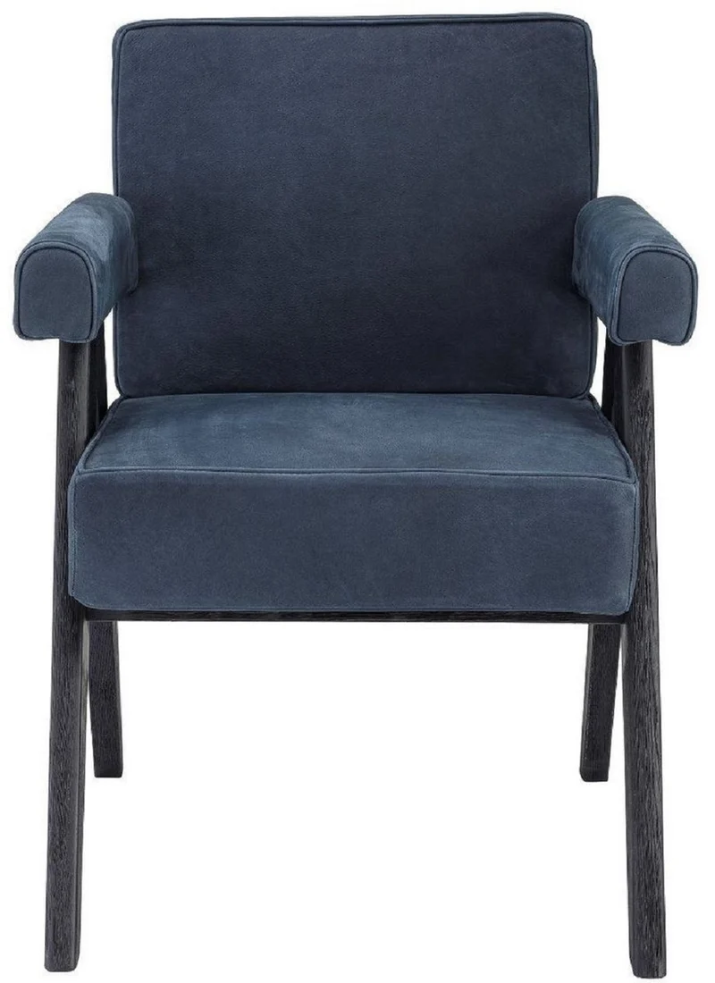 Casa Padrino Luxus Echtleder Esszimmerstuhl mit Armlehnen Blau / Schwarz 64 x 70 x H. 87,5 cm - Küchenstuhl mit edlem Nubuk Büffelleder - Luxus Esszimmer Möbel