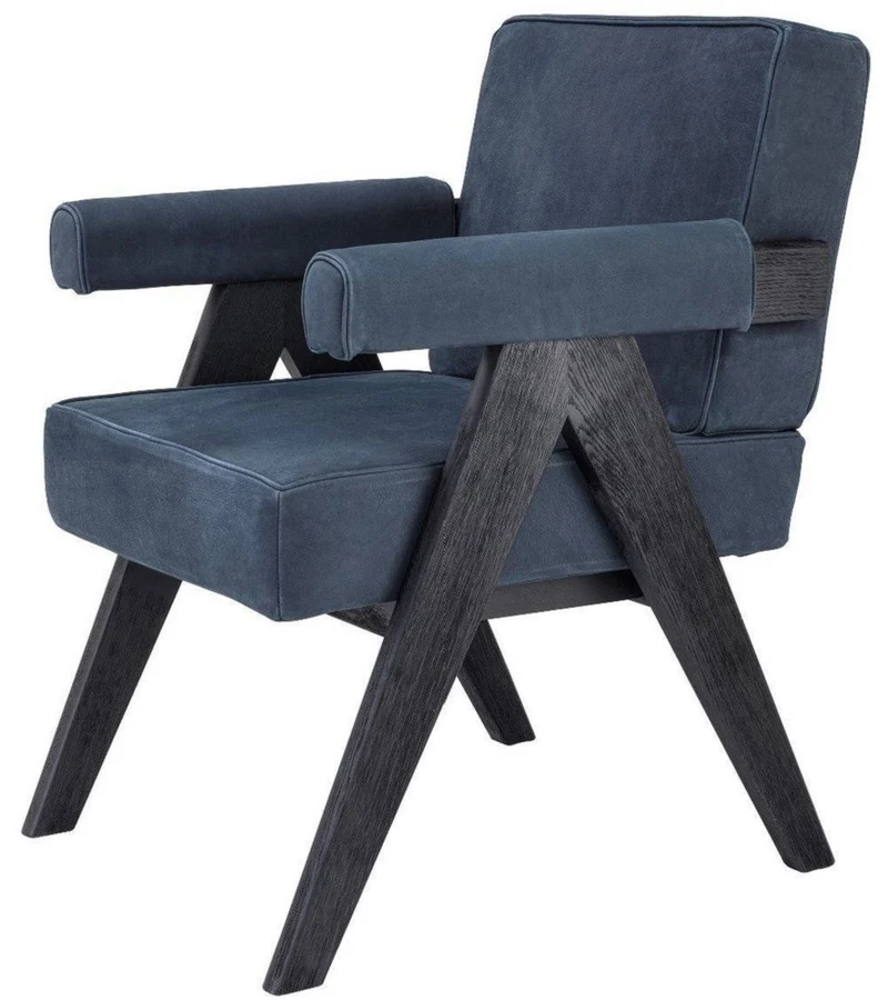 Casa Padrino Luxus Echtleder Esszimmerstuhl mit Armlehnen Blau / Schwarz 64 x 70 x H. 87,5 cm - Küchenstuhl mit edlem Nubuk Büffelleder - Luxus Esszimmer Möbel