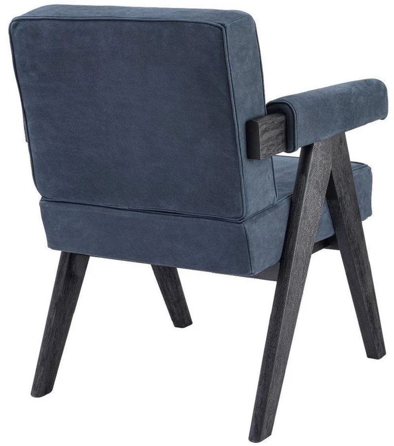 Casa Padrino Luxus Echtleder Esszimmerstuhl mit Armlehnen Blau / Schwarz 64 x 70 x H. 87,5 cm - Küchenstuhl mit edlem Nubuk Büffelleder - Luxus Esszimmer Möbel