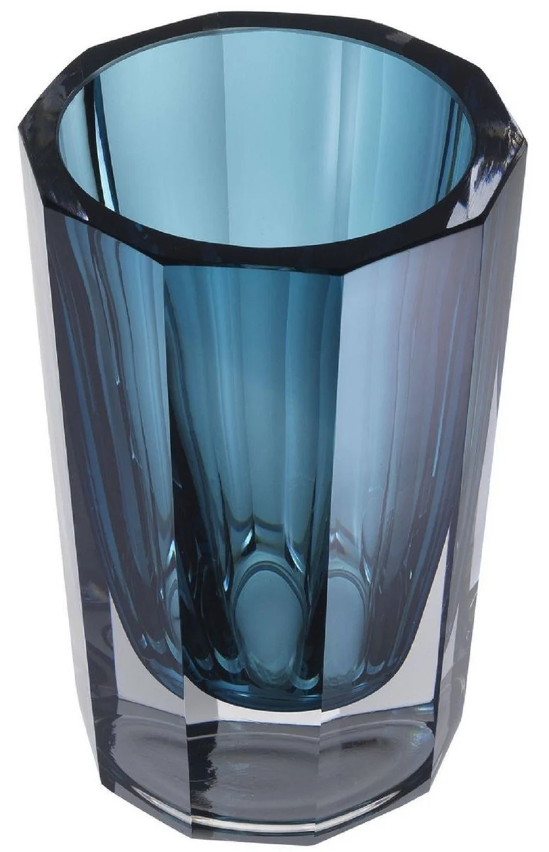 Casa Padrino Luxus Deko Glas Vase Blau Ø 12 x H. 18 cm - Elegante handgefertigte 8-eckige Blumenvase - Deko Accessoires