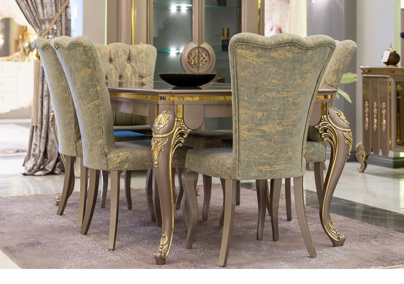 Casa Padrino Luxus Barock Esszimmer Set Grün / Gold / Grau - 1 Esstisch & 6 Esszimmerstühle - Prunkvolle Esszimmermöbel im Barockstil - Luxus Qualität