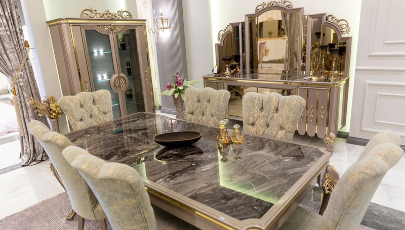 Casa Padrino Luxus Barock Esszimmer Set Grün / Gold / Grau - 1 Esstisch & 6 Esszimmerstühle - Prunkvolle Esszimmermöbel im Barockstil - Luxus Qualität
