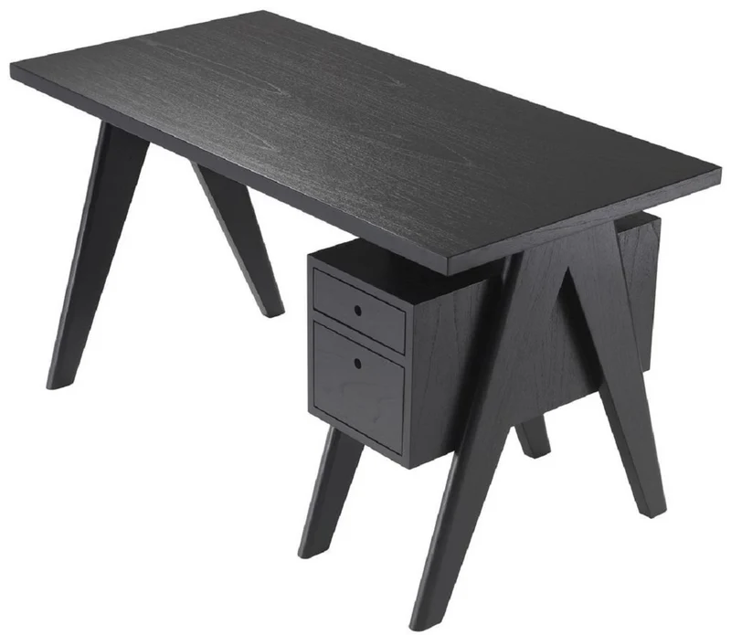 Casa Padrino Luxus Schreibtisch Schwarz 140 x 69 x H. 77 cm - Eleganter Massivholz Schreibtisch mit 2 Schubladen - Luxus Büro Möbel